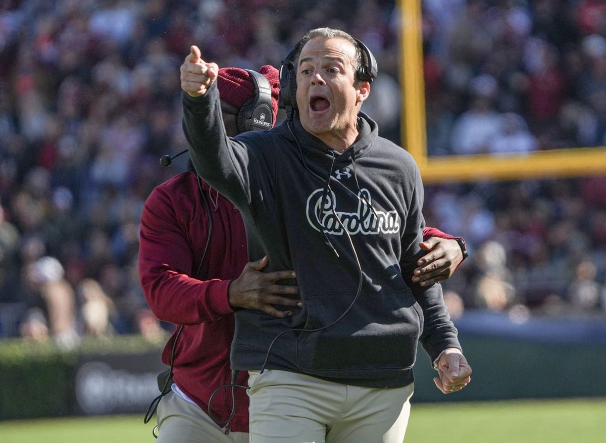 South Carolina Head Coach Shane Beamer disputes a pass interference call in the game with Clemson during the second quarter at Williams-Brice Stadium in Columbia, S.C. Saturday, November 29, 2025.
