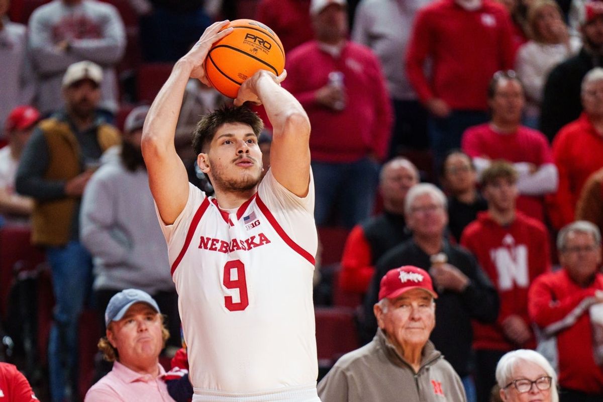 Nov 29, 2025; Lincoln, Nebraska, USA; Nebraska Cornhuskers forward Berke Buyuktuncel (9) shoots the ball against the South Carolina Upstate Spartans during the first half at Pinnacle Bank Arena. Mandatory Credit: Dylan Widger-Imagn Images