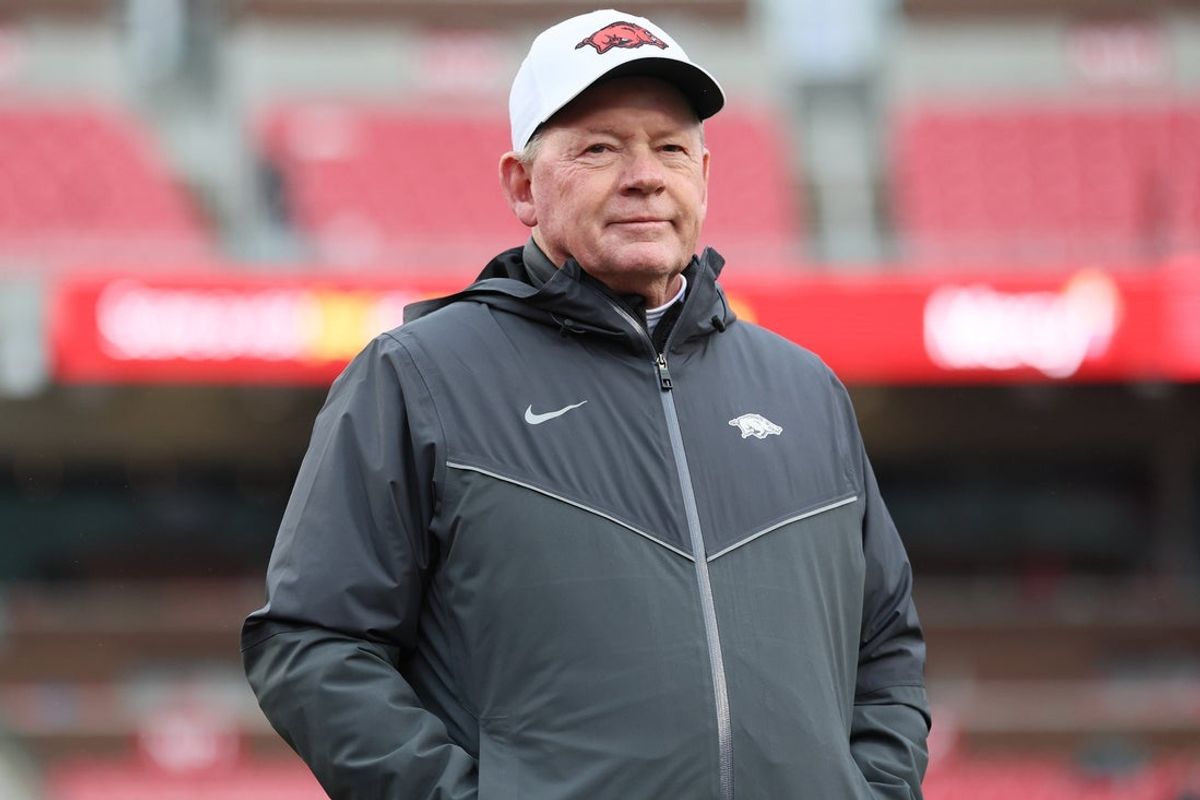 Nov 29, 2025; Fayetteville, Arkansas, USA; Arkansas Razorbacks interim head coach Bobby Petrino prior to a game against the Missouri Tigers at Donald W. Reynolds Razorback Stadium. Mandatory Credit: Nelson Chenault-Imagn Images