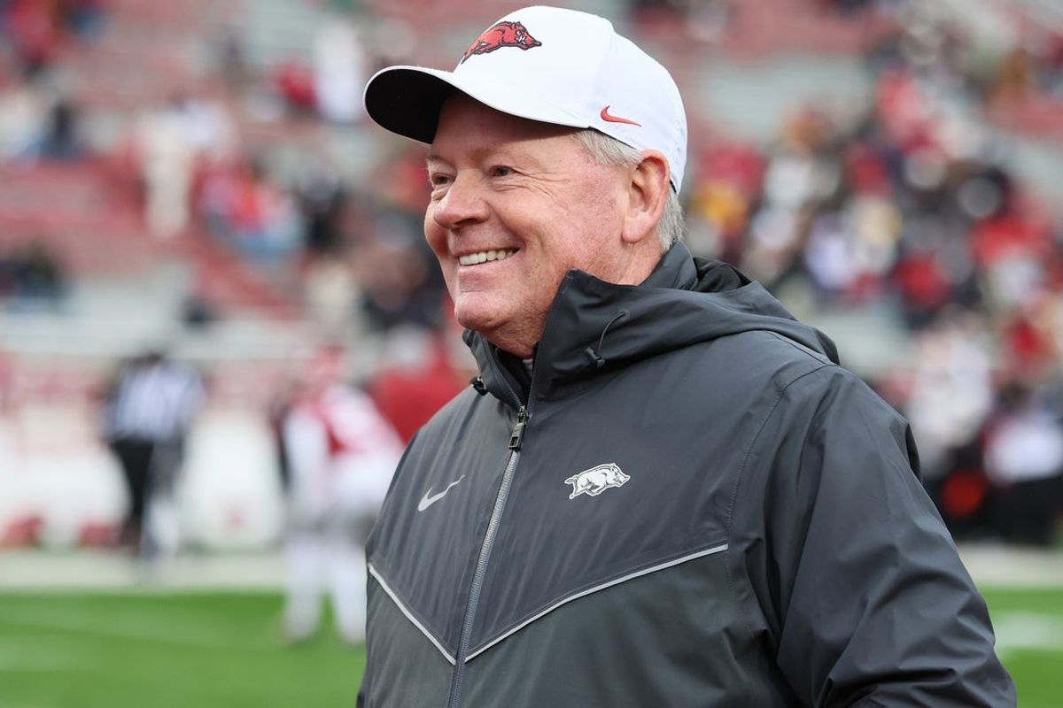 Nov 29, 2025; Fayetteville, Arkansas, USA; Arkansas Razorbacks interim head coach Bobby Petrino prior to a game against the Missouri Tigers at Donald W. Reynolds Razorback Stadium. Mandatory Credit: Nelson Chenault-Imagn Images