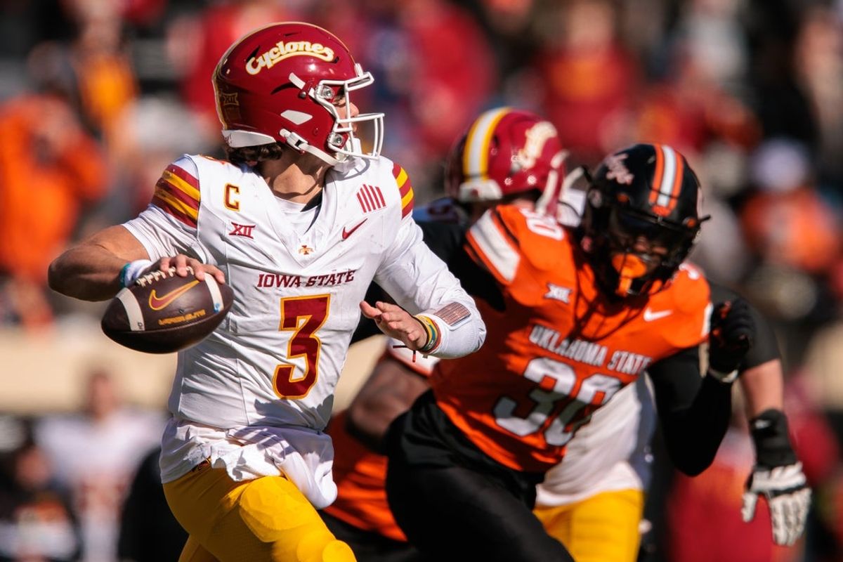 Nov 29, 2025; Stillwater, Oklahoma, USA; Iowa State Cyclones quarterback Rocco Becht (3) looks to pass during the second half against the Oklahoma State Cowboys at Boone Pickens Stadium. Mandatory Credit: William Purnell-Imagn Images