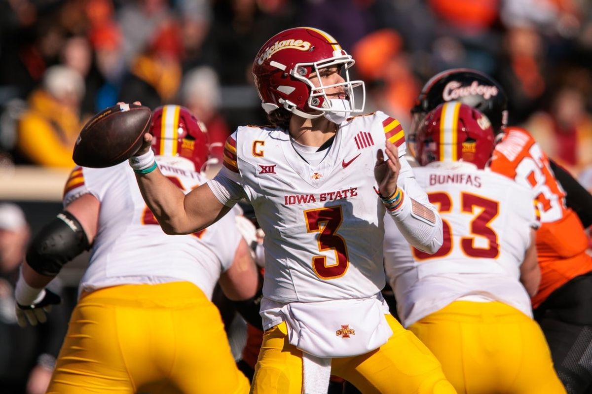 Nov 29, 2025; Stillwater, Oklahoma, USA; Iowa State Cyclones quarterback Rocco Becht (3) passes during the second half against the Oklahoma State Cowboys at Boone Pickens Stadium. Mandatory Credit: William Purnell-Imagn Images