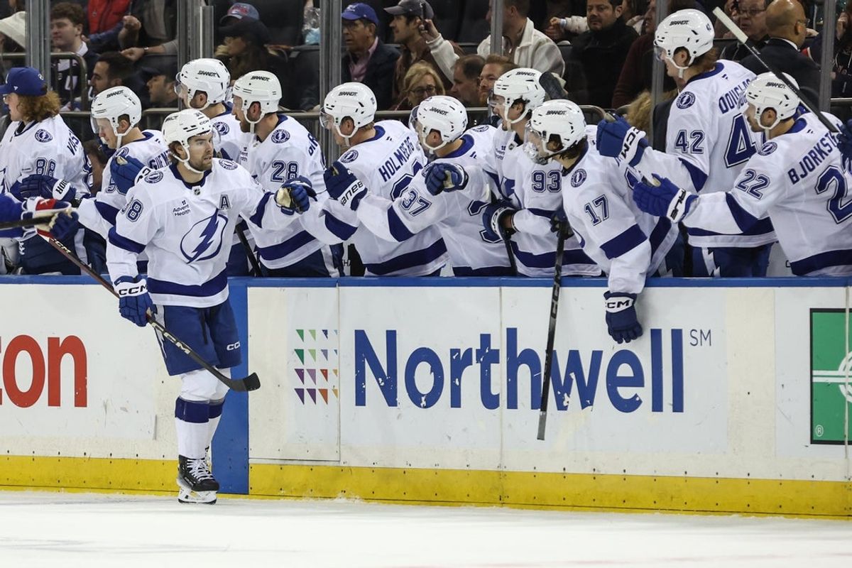 Nov 29, 2025; New York, New York, USA;  Tampa Bay Lightning left wing Brandon Hagel (38) celebrates with his teammates after scoring a goal in the second period against the New York Rangers at Madison Square Garden. Mandatory Credit: Wendell Cruz-Imagn Images