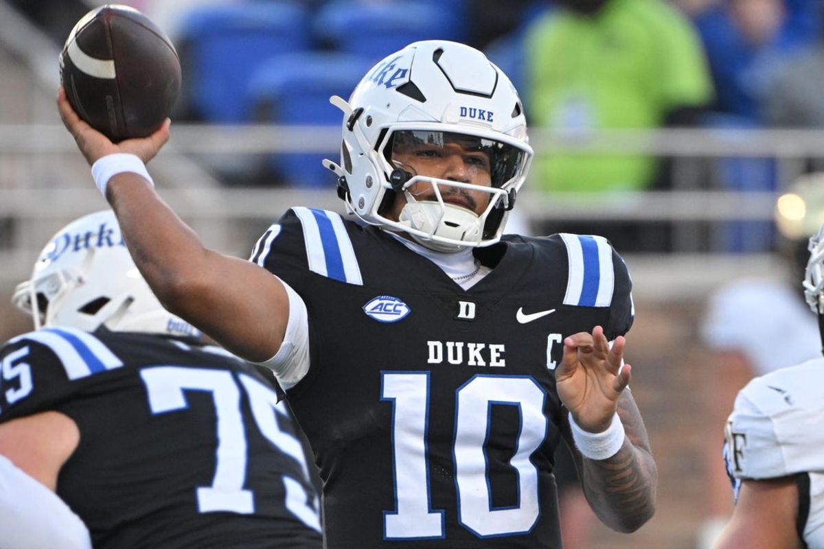 Nov 29, 2025; Durham, North Carolina, USA;  Duke Blue Devils quarter back Darian Mensah (10) throws a pass during the first quarter against the Wake Forest Demon Deacons at Wallace Wade Stadium. Mandatory Credit: Zachary Taft-Imagn Images