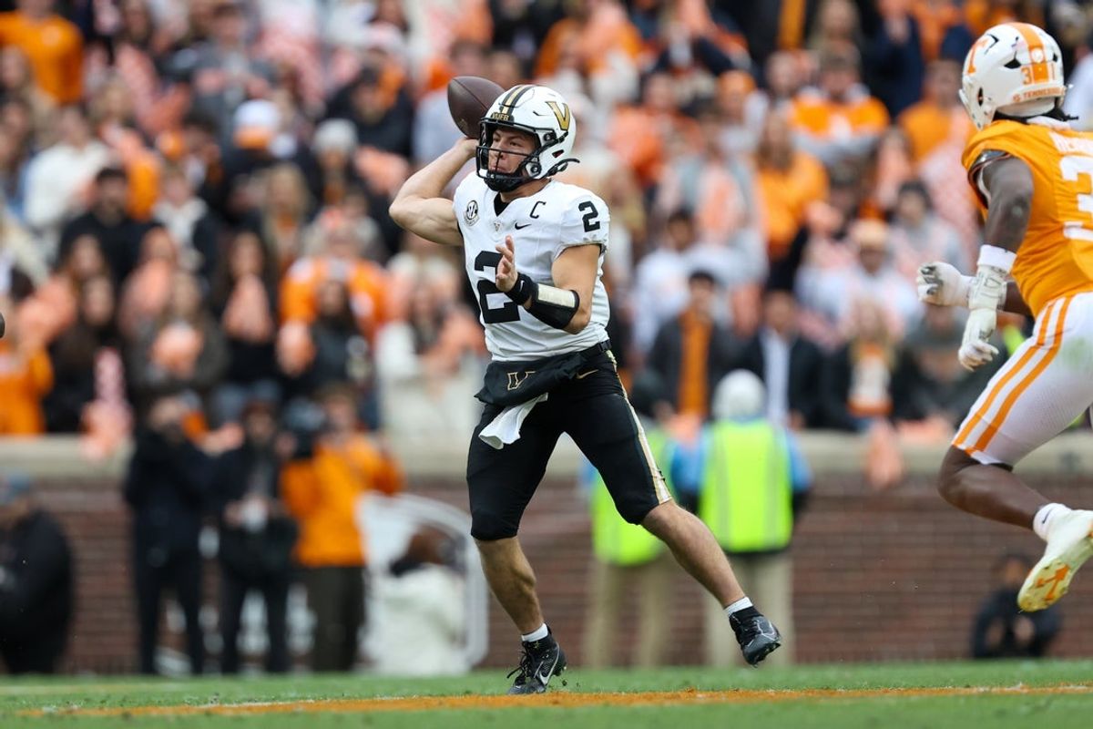 Nov 29, 2025; Knoxville, Tennessee, USA;  Vanderbilt Commodores quarterback Diego Pavia (2) passes against the Tennessee Volunteers during the first half against at Neyland Stadium. Mandatory Credit: Randy Sartin-Imagn Images