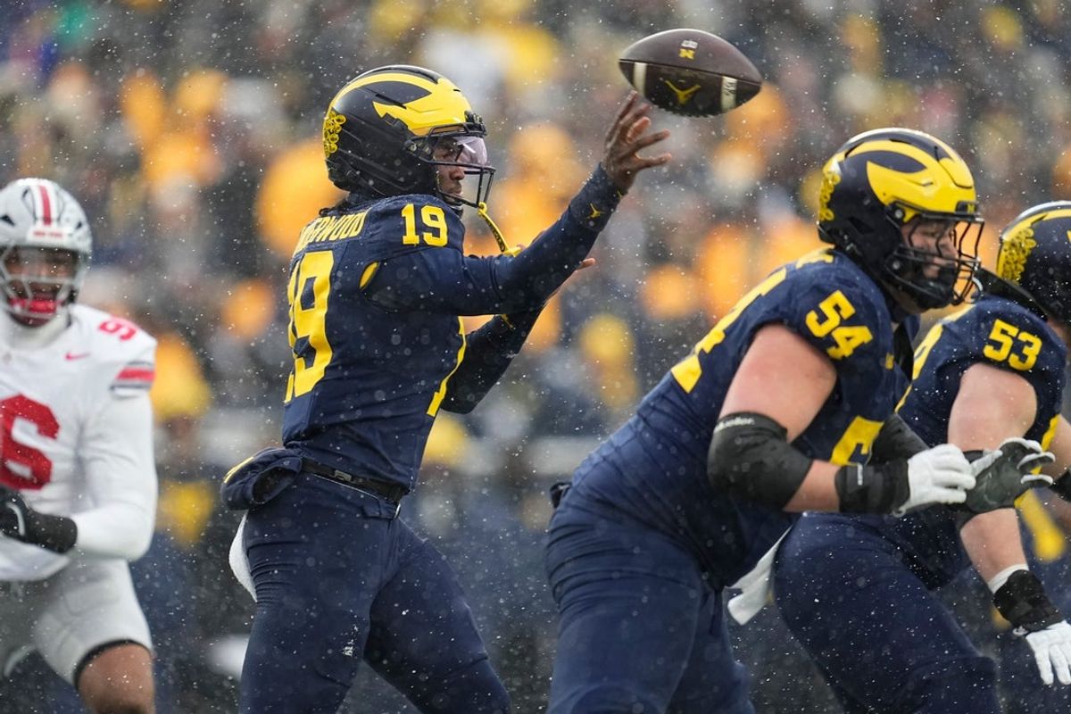 Michigan Wolverines quarterback Bryce Underwood (19) throws during the NCAA football game against the Ohio State Buckeyes at Michigan Stadium in Ann Arbor, Mich. on Nov. 29, 2025. Ohio State won 27-9.