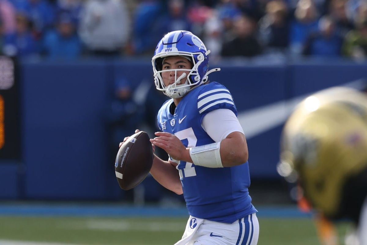 Nov 29, 2025; Provo, Utah, USA; BYU Cougars quarterback Bear Bachmeier (47) looks to pass against the UCF Knights during the second half at LaVell Edwards Stadium. Mandatory Credit: Rob Gray-Imagn Images