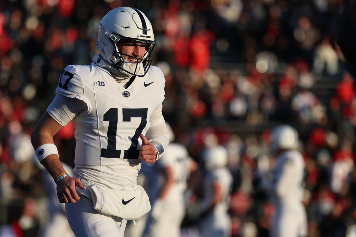 Nov 29, 2025; Piscataway, New Jersey, USA; Penn State Nittany Lions quarterback Ethan Grunkemeyer (17) celebrates after a touchdown pass during the first half against the Rutgers Scarlet Knights at SHI Stadium. Mandatory Credit: Vincent Carchietta-Imagn Images
