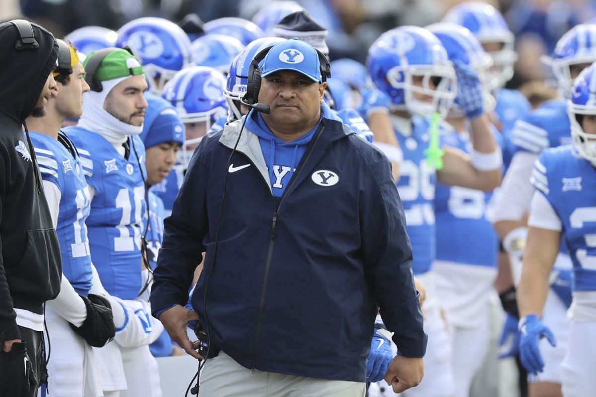 Nov 29, 2025; Provo, Utah, USA; BYU Cougars head coach Kalani Sitake during the first half against the UCF Knights at LaVell Edwards Stadium. Mandatory Credit: Rob Gray-Imagn Images