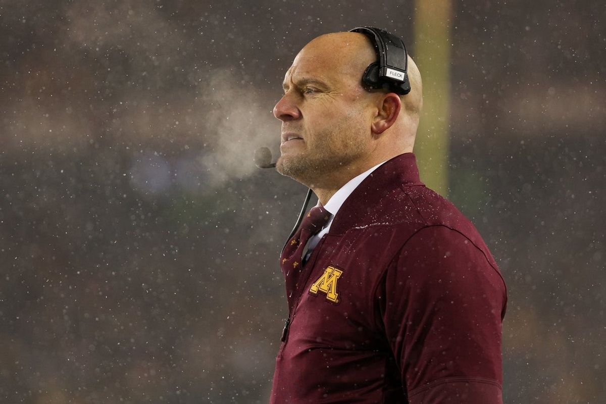 Nov 29, 2025; Minneapolis, Minnesota, USA; Minnesota Golden Gophers head coach P.J. Fleck looks on during the second half against the Wisconsin Badgers at Huntington Bank Stadium. Mandatory Credit: Matt Krohn-Imagn Images