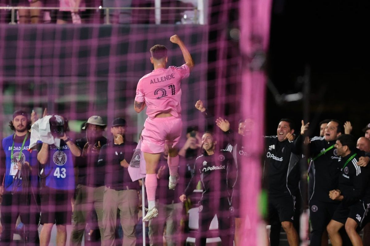 Nov 29, 2025; Fort Lauderdale, Florida, USA; Inter Miami CF forward Tadeo Allende (21) celebrates after scoring against New York City FC during the first half of the MLS Cup Playoffs Eastern Conference Final at Chase Stadium. Mandatory Credit: Sam Navarro-Imagn Images