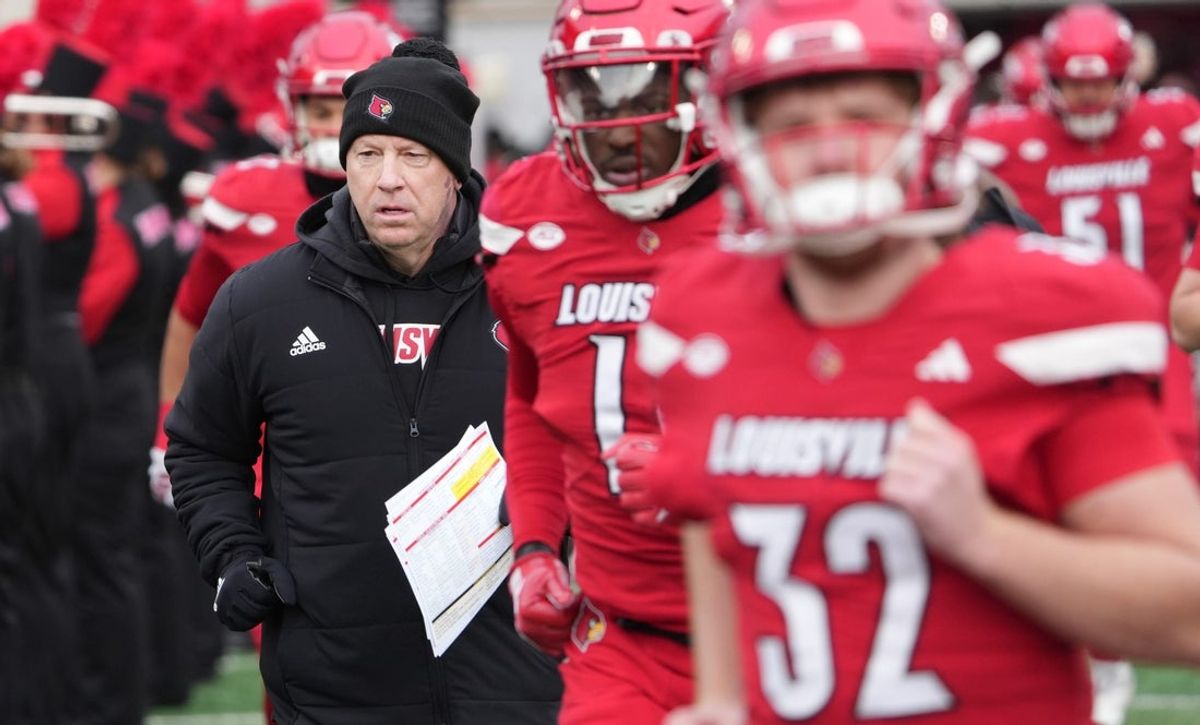 Louisville’s Jeff Brohm comes out on to the field before the game against Kentucky in the Governor’s Cup.
November 29, 2025