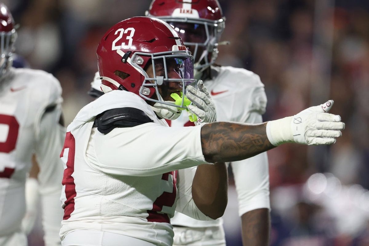 Nov 29, 2025; Auburn, Alabama, USA; Alabama Crimson Tide defensive lineman James Smith (23) reacts during the first half against the Auburn Tigers at Jordan-Hare Stadium. Mandatory Credit: John Reed-Imagn Images