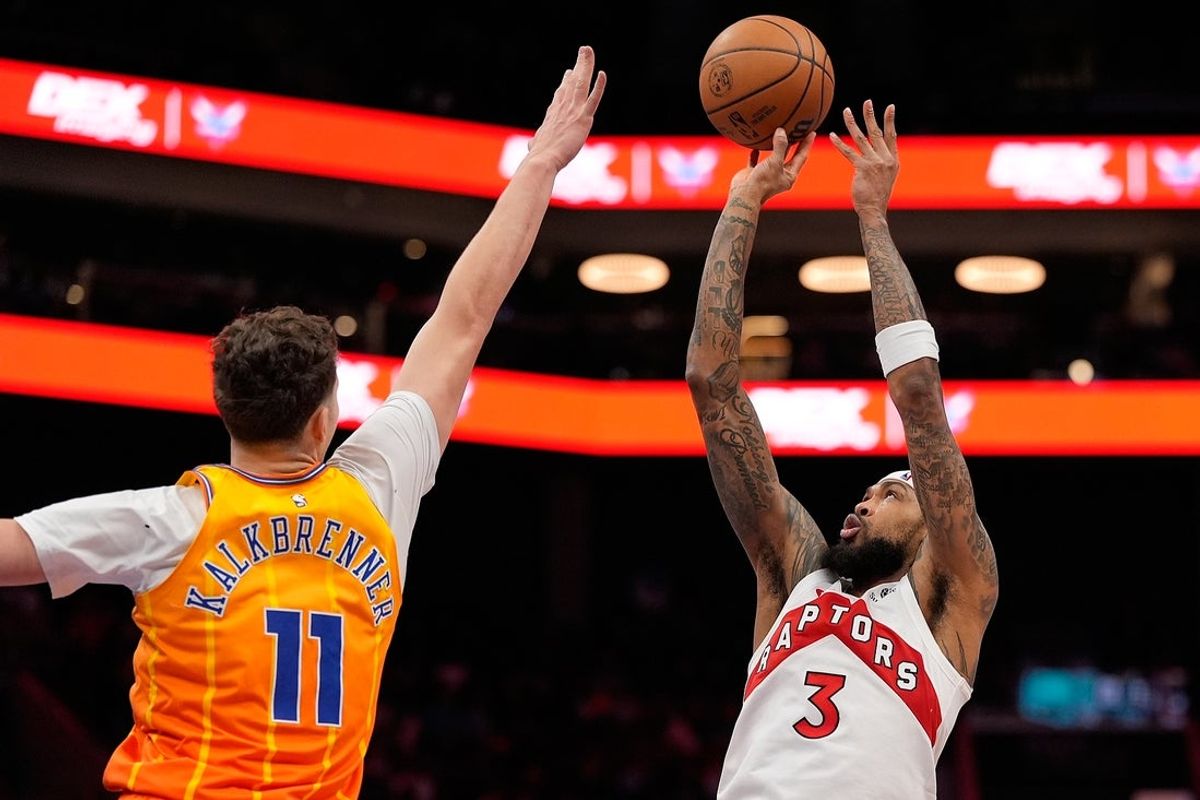 Nov 29, 2025; Charlotte, North Carolina, USA; Toronto Raptors forward Brandon Ingram (3) shoots the ball against Charlotte Hornets center Ryan Kalkbrenner (11) during the second half at Spectrum Center. Mandatory Credit: Jim Dedmon-Imagn Images