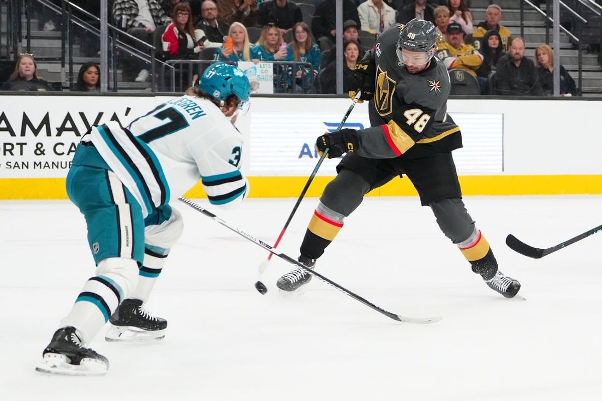 Nov 29, 2025; Las Vegas, Nevada, USA; Vegas Golden Knights center Tomas Hertl (48) scores on a shot against the San Jose Sharks during the first period at T-Mobile Arena. Mandatory Credit: Stephen R. Sylvanie-Imagn Images
