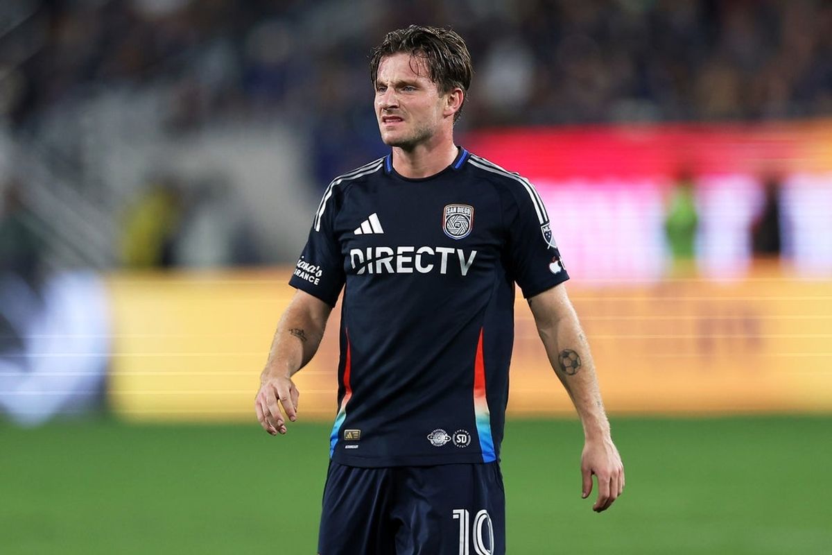 Nov 29, 2025; San Diego, California, USA; San Diego FC forward Anders Dreyer (10) looks on against the Vancouver Whitecaps during the first half at Snapdragon Stadium. Mandatory Credit: Abe Arredondo-Imagn Images