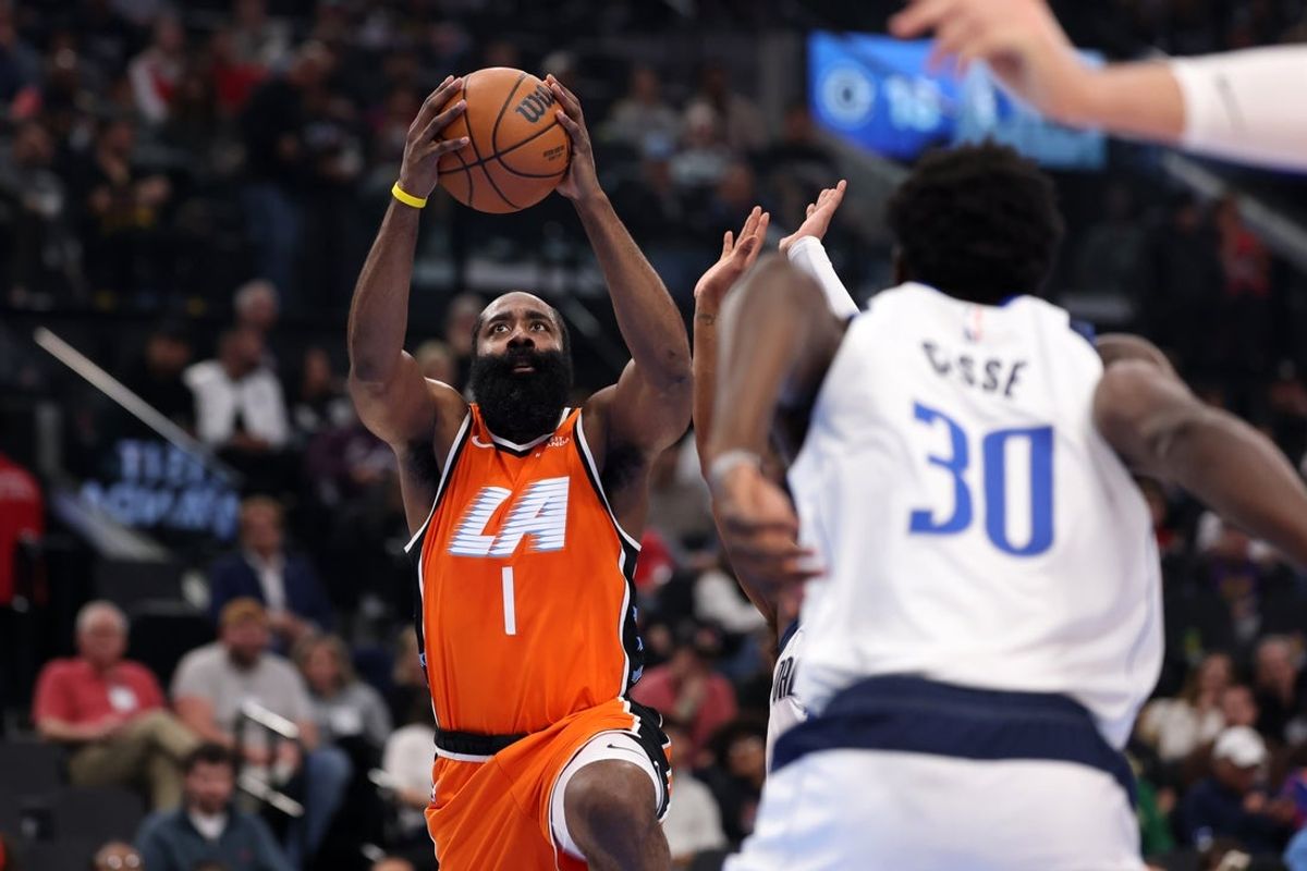 Nov 29, 2025; Inglewood, California, USA;  Los Angeles Clippers guard James Harden (1) drives to the basket against Dallas Mavericks center Moussa Cisse (30) during the first quarter at Intuit Dome. Mandatory Credit: Kiyoshi Mio-Imagn Images