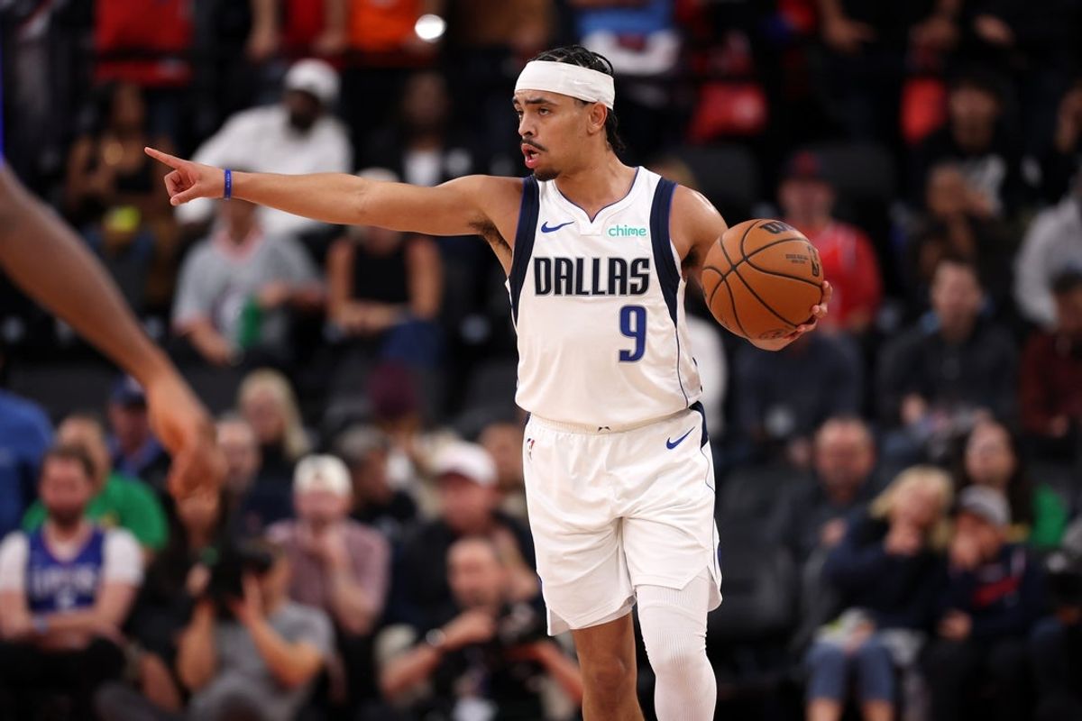 Nov 29, 2025; Inglewood, California, USA;  Dallas Mavericks guard Ryan Nembhard (9) brings the ball up court during the third quarter against the Los Angeles Clippers at Intuit Dome. Mandatory Credit: Kiyoshi Mio-Imagn Images