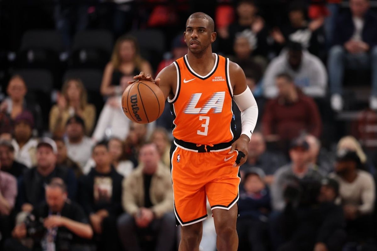 Nov 29, 2025; Inglewood, California, USA;  Los Angeles Clippers guard Chris Paul (3) brings the ball up court during the first quarter against the Dallas Mavericks at Intuit Dome. Mandatory Credit: Kiyoshi Mio-Imagn Images