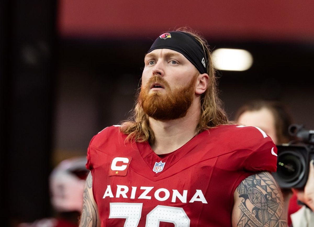 Nov 23, 2025; Glendale, Arizona, USA; Arizona Cardinals offensive lineman Hjalte Froholdt (72) against the Jacksonville Jaguars at State Farm Stadium. Mandatory Credit: Mark J. Rebilas-Imagn Images
