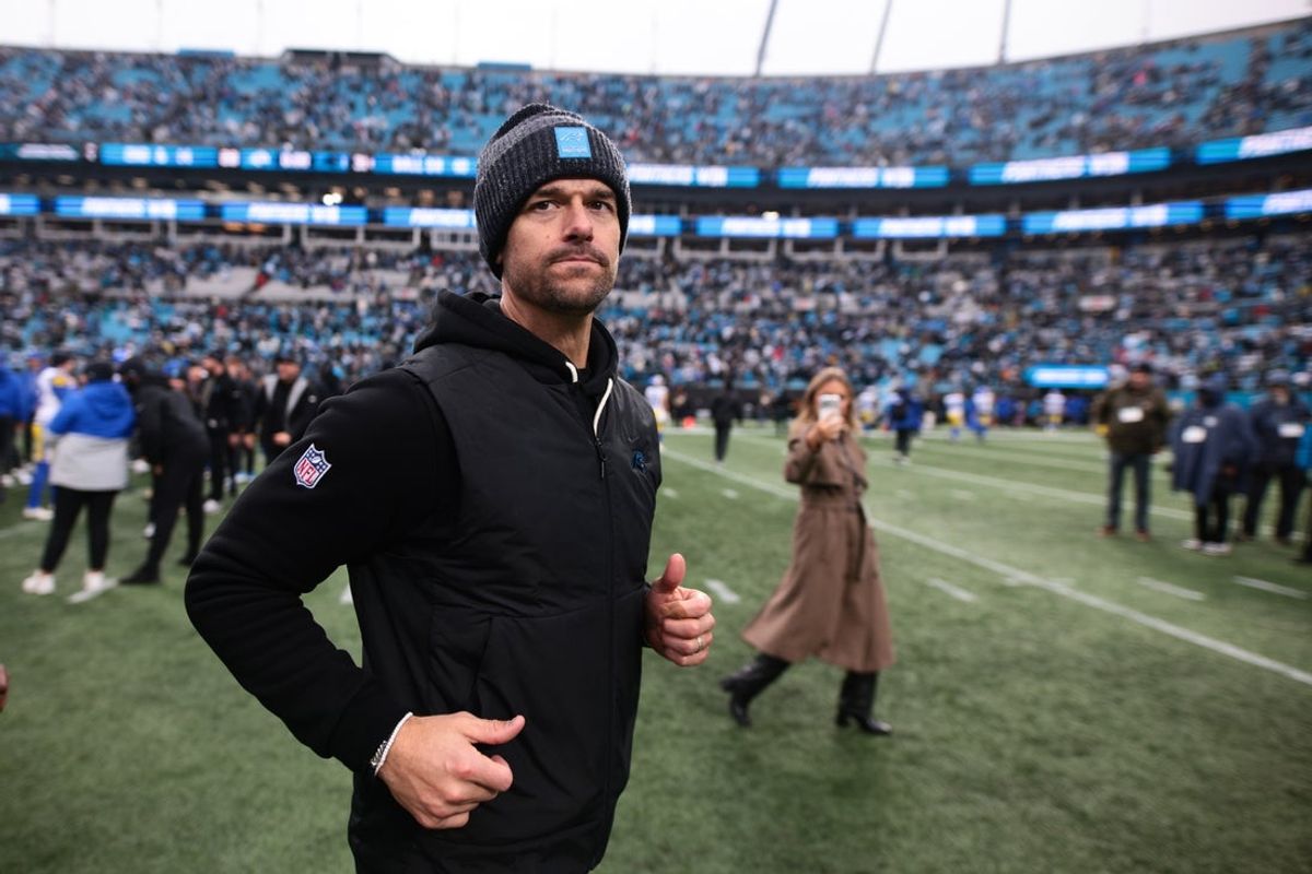 Nov 30, 2025; Charlotte, North Carolina, USA; Carolina Panthers head coach Dave Canales looks on after the game against the Los Angeles Rams at Bank of America Stadium. Mandatory Credit: Scott Kinser-Imagn Images