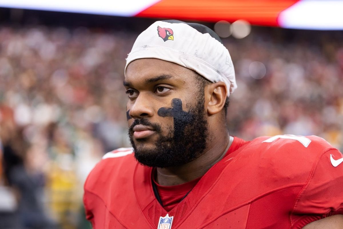 Oct 19, 2025; Glendale, Arizona, USA; Arizona Cardinals offensive lineman Paris Johnson Jr. (70) against the Green Bay Packers at State Farm Stadium. Mandatory Credit: Mark J. Rebilas-Imagn Images