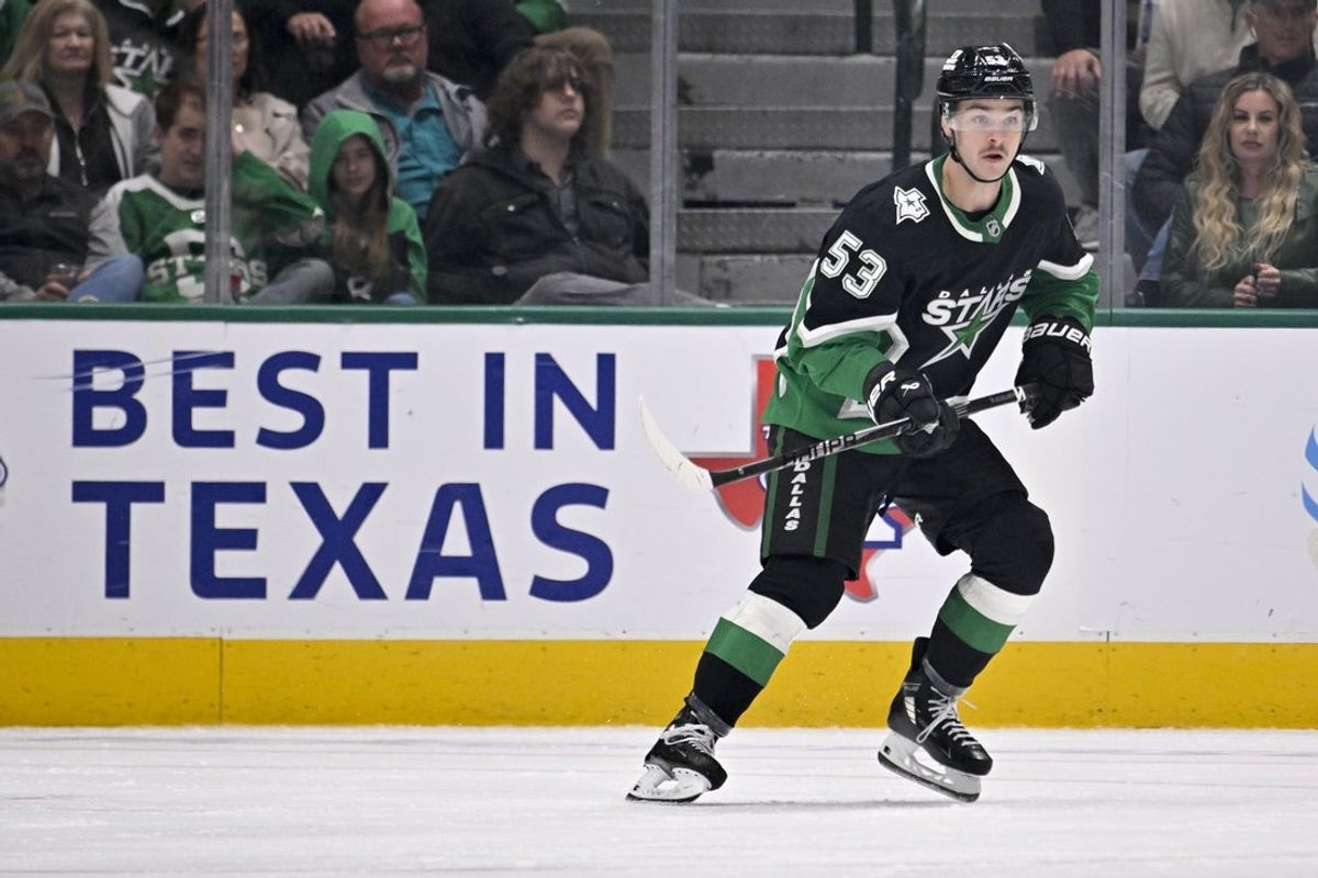Nov 30, 2025; Dallas, Texas, USA; Dallas Stars center Wyatt Johnston (53) skates against the Ottawa Senators during the third period at the American Airlines Center. Mandatory Credit: Jerome Miron-Imagn Images