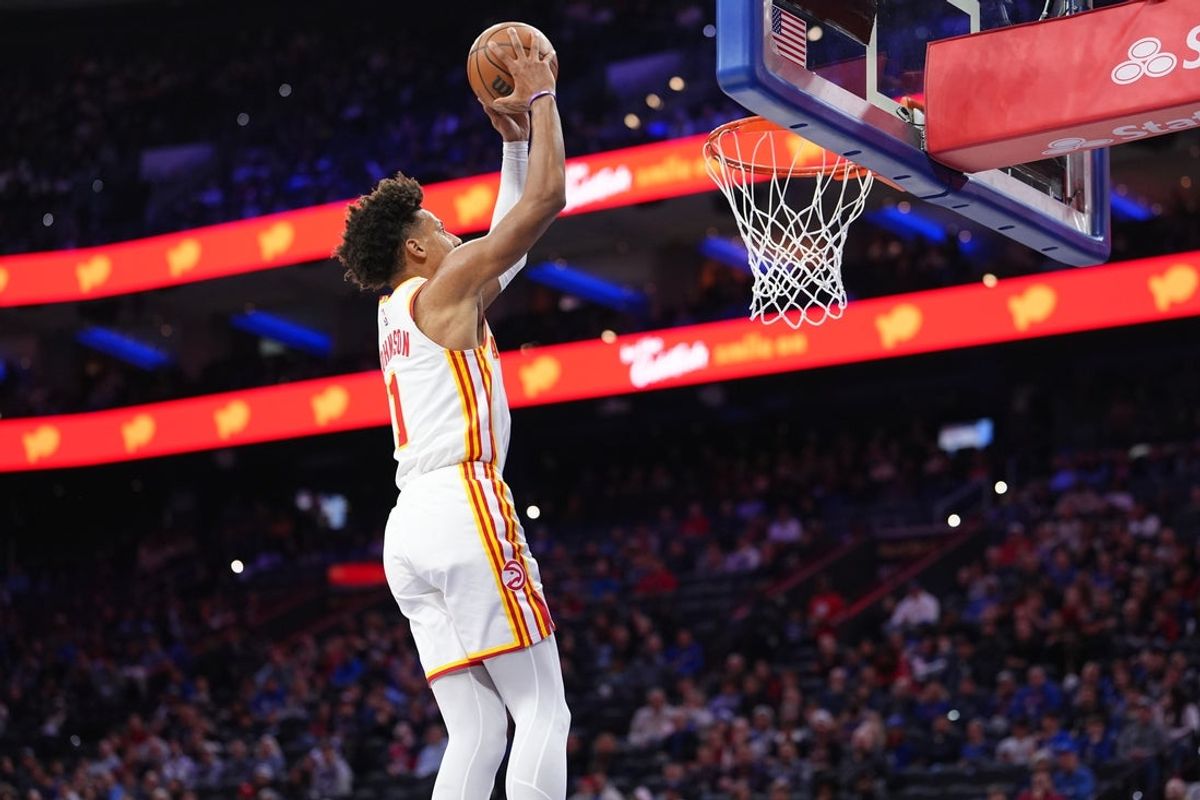 Nov 30, 2025; Philadelphia, Pennsylvania, USA; Atlanta Hawks forward Jalen Johnson (1) dunks against the Philadelphia 76ers in the first quarter at Xfinity Mobile Arena. Mandatory Credit: Kyle Ross-Imagn Images