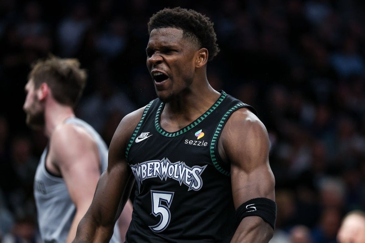 Nov 30, 2025; Minneapolis, Minnesota, USA; Minnesota Timberwolves guard Anthony Edwards (5) celebrates his basket against the San Antonio Spurs during the second half at Target Center. Mandatory Credit: Matt Krohn-Imagn Images