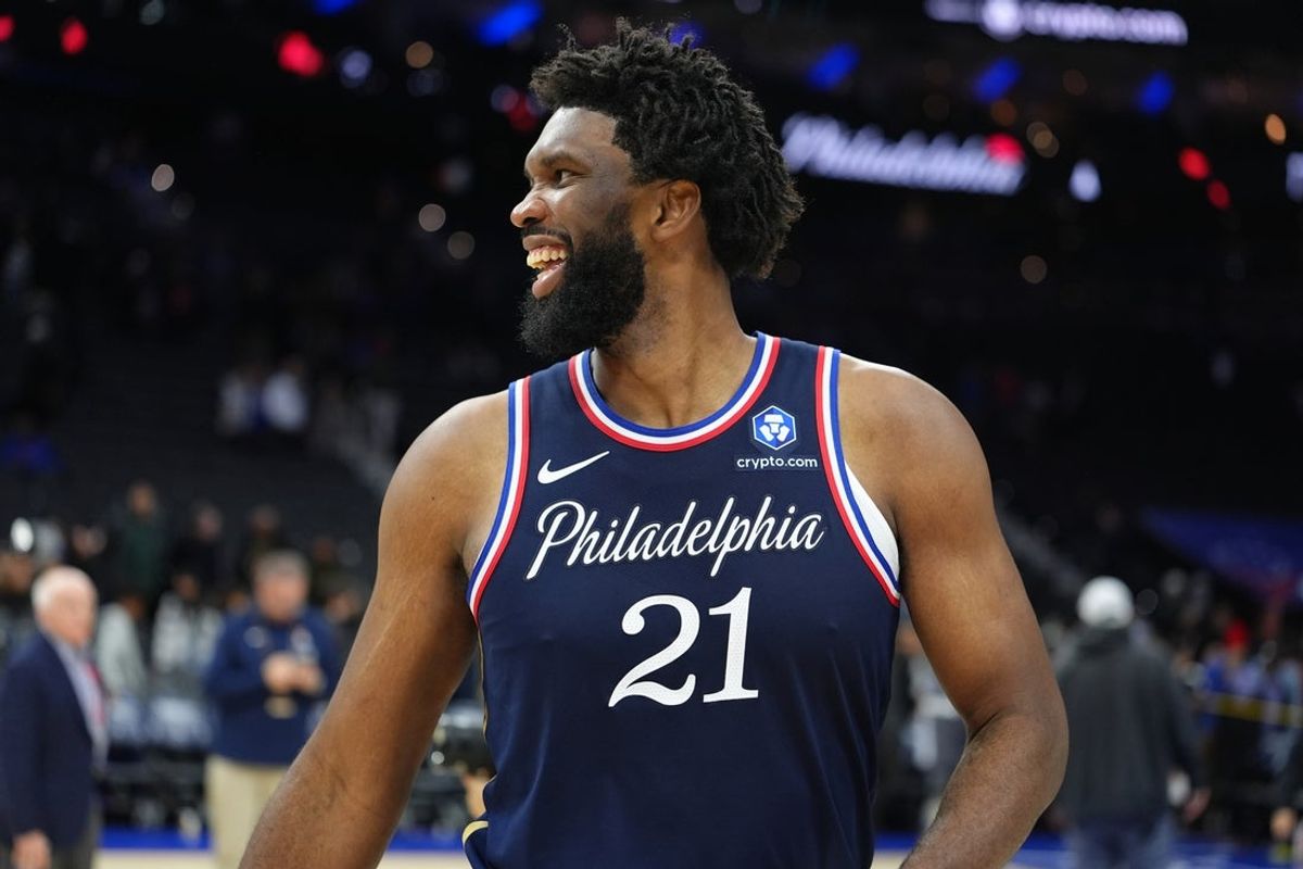 Nov 30, 2025; Philadelphia, Pennsylvania, USA; Philadelphia 76ers center Joel Embiid (21) reacts after the game against the Atlanta Hawks at Xfinity Mobile Arena. Mandatory Credit: Kyle Ross-Imagn Images