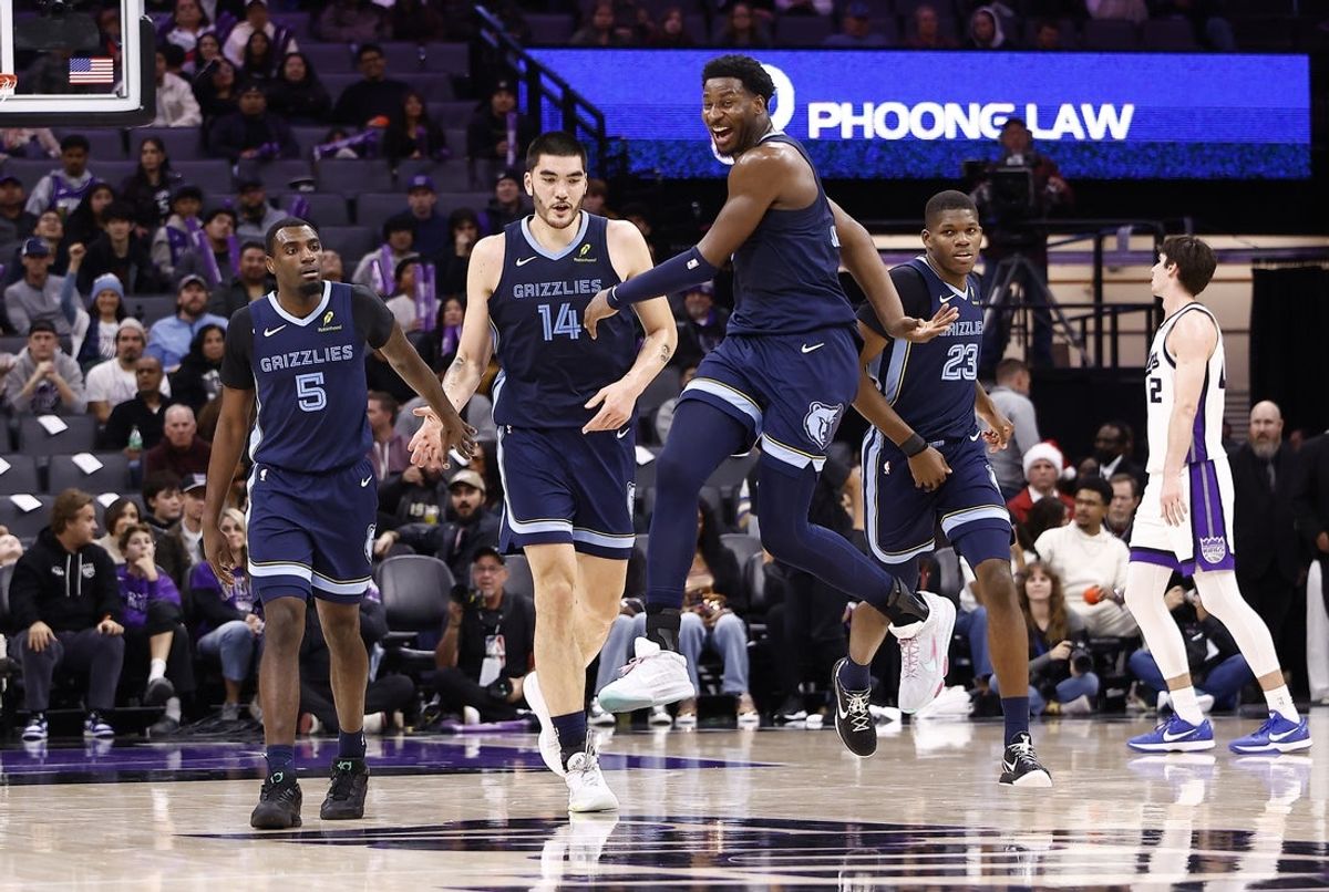 Nov 30, 2025; Sacramento, California, USA; Memphis Grizzlies forward/center Jaren Jackson Jr. (8) celebrates after a play as a timeout is called during the fourth quarter at Golden 1 Center. Mandatory Credit: Kelley L Cox-Imagn Images