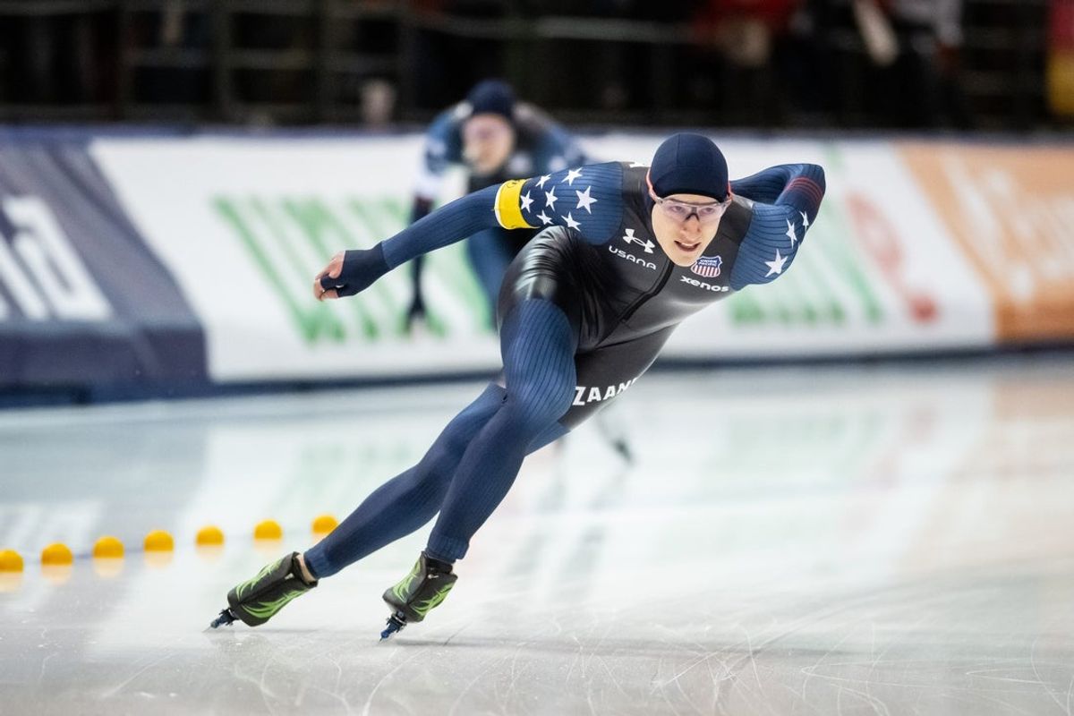 Jordan Stolz (near) and Cooper McLeod of the United States race in the 1,000 meters in the ISU World Cup meet on January 31, 2025, at the Pettit National Ice Center in Milwaukee, Wis.
