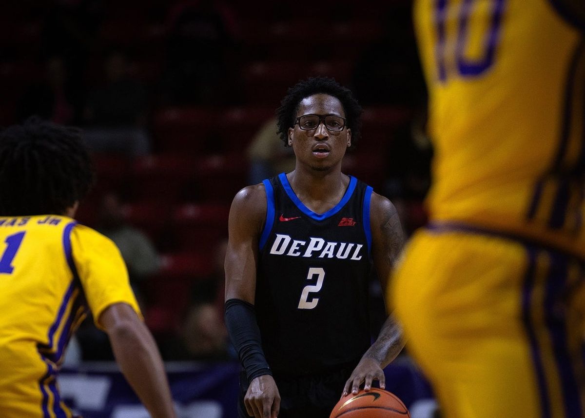 DePaul's Layden Blocker (2) brings the ball up court against LSU during the Emerald Coast Classic championship game at Raider Arena in Niceville, Fla., Nov. 29, 2025. The Tigers won the contest 96-63. (Tyler Orsburn/News Herald)