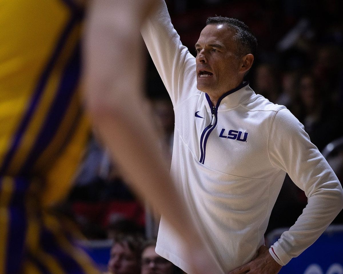 Matt McMahon, LSU's head coach, commands his team against DePaul during the Emerald Coast Classic championship game at Raider Arena in Niceville, Fla., Nov. 29, 2025. The Tigers won the contest 96-63. (Tyler Orsburn/News Herald)
