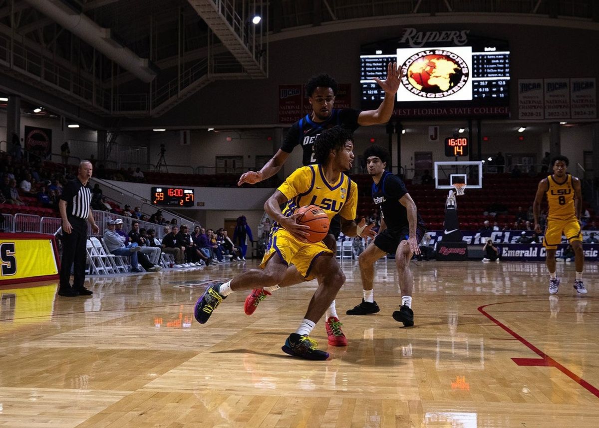 LSU's Dedan Thomas Jr. (11) drives the lane against DePaul during the Emerald Coast Classic championship game at Raider Arena in Niceville, Fla., Nov. 29, 2025. The Tigers won the contest 96-63. (Tyler Orsburn/News Herald)