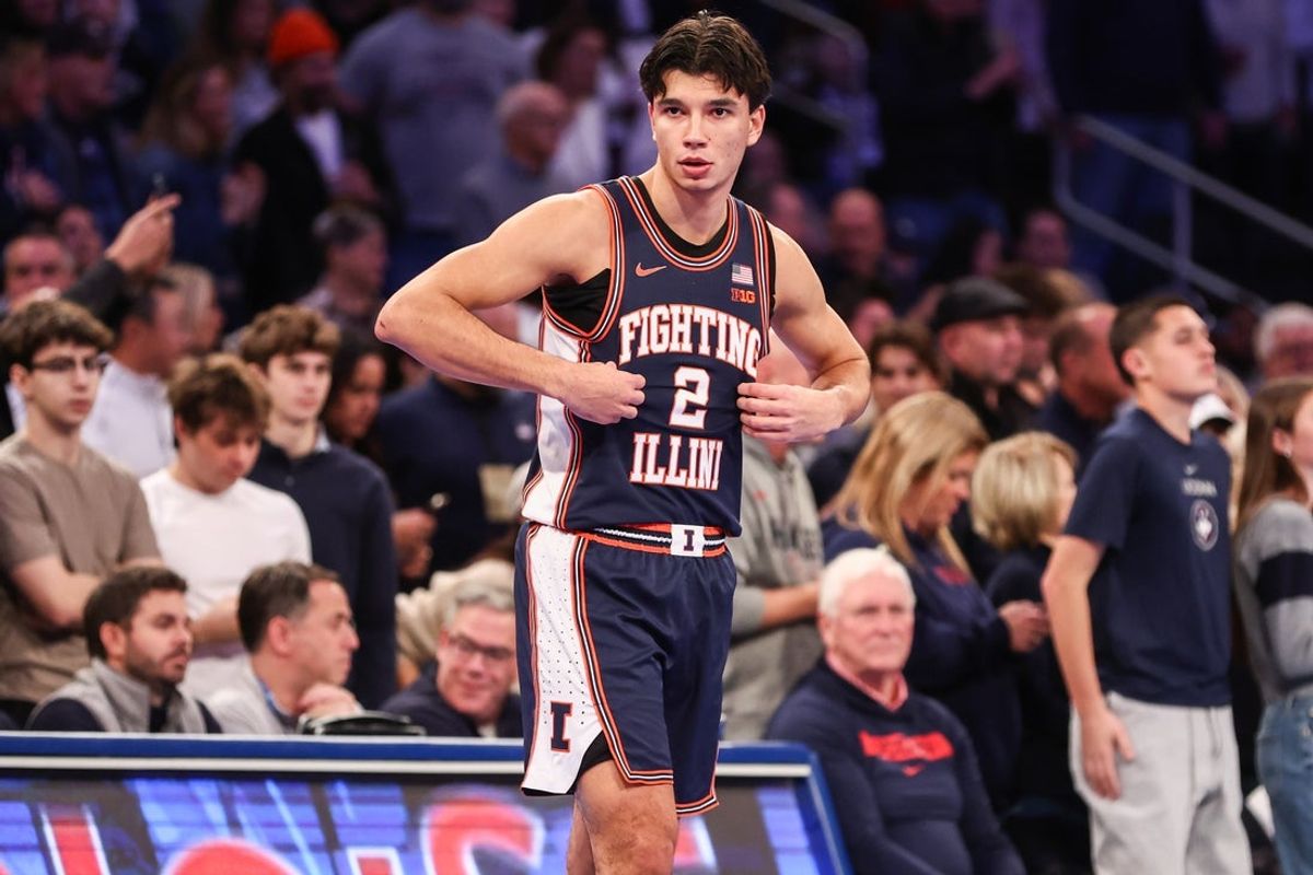 Nov 28, 2025; New York, New York, USA;  Illinois Fighting Illini guard Andrej Stojakovic (2) at Madison Square Garden. Mandatory Credit: Wendell Cruz-Imagn Images