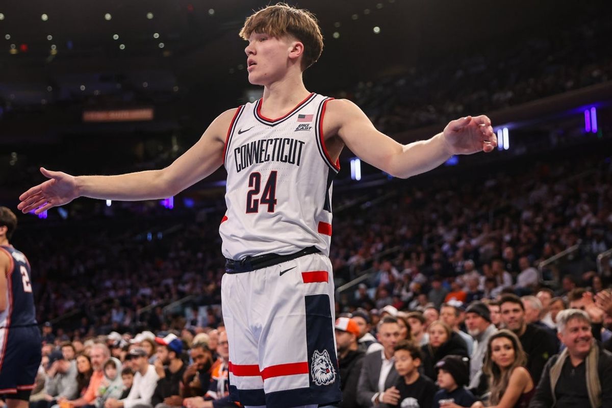 Nov 28, 2025; New York, New York, USA;  UConn Huskies guard Braylon Mullins (24) at Madison Square Garden. Mandatory Credit: Wendell Cruz-Imagn Images