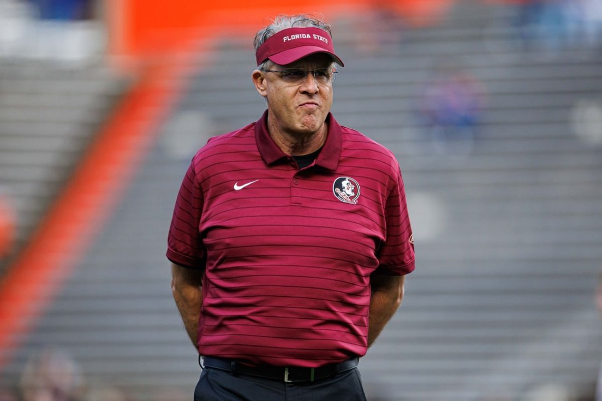Nov 29, 2025; Gainesville, Florida, USA; Florida State offensive coordinator Gus Malzahn looks on before a game against the Florida Gators at Ben Hill Griffin Stadium. Mandatory Credit: Matt Pendleton-Imagn Images