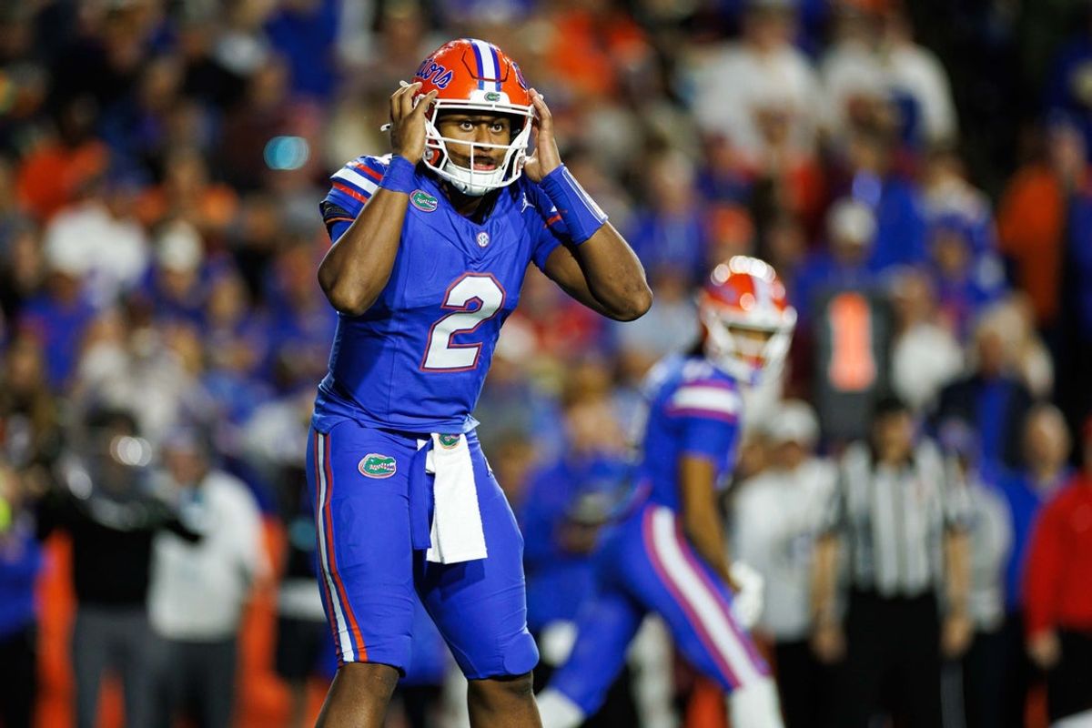 Nov 29, 2025; Gainesville, Florida, USA; Florida Gators quarterback DJ Lagway (2) gestures before the snap against the Florida State Seminoles during the second half at Ben Hill Griffin Stadium. Mandatory Credit: Matt Pendleton-Imagn Images