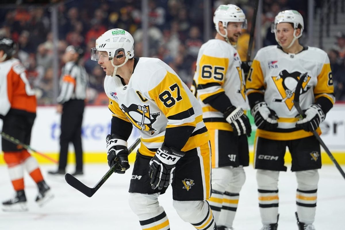 Dec 1, 2025; Philadelphia, Pennsylvania, USA; Pittsburgh Penguins center Sidney Crosby (87) reacts after scoring a goal against the Philadelphia Flyers in the second period at Xfinity Mobile Arena. Mandatory Credit: Kyle Ross-Imagn Images