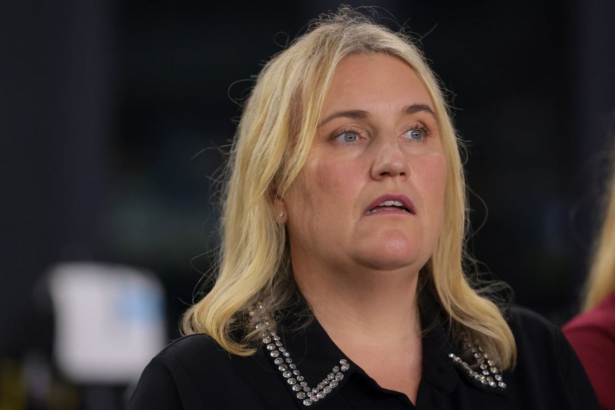Dec 1, 2025; Fort Lauderdale, Florida, USA; United States head coach Emma Hayes listens to the national anthem before the game against Italy at Chase Stadium. Mandatory Credit: Sam Navarro-Imagn Images