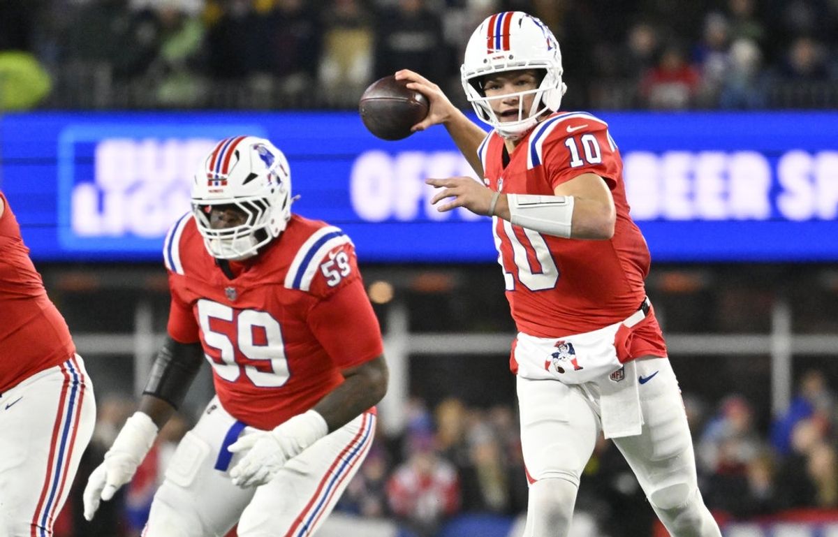 Dec 1, 2025; Foxborough, Massachusetts, USA; New England Patriots quarterback Drake Maye (10) throws a pass during the second quarter against the New York Giants at Gillette Stadium. Mandatory Credit: Eric Canha-Imagn Images