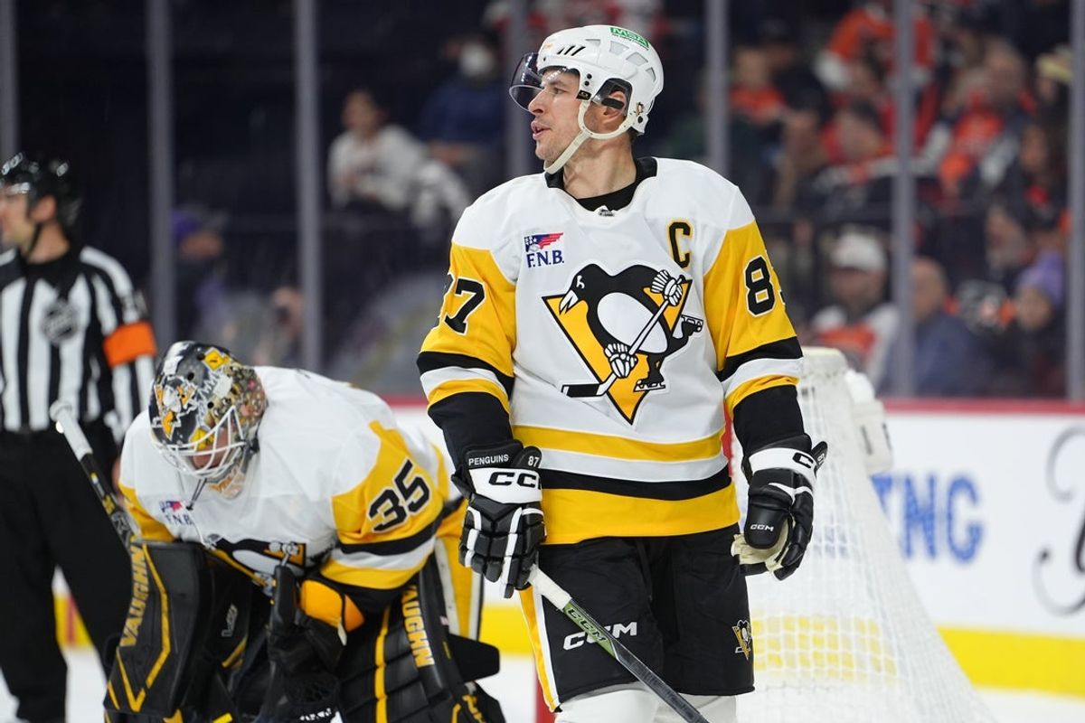 Dec 1, 2025; Philadelphia, Pennsylvania, USA; Pittsburgh Penguins center Sidney Crosby (87) reacts against the Philadelphia Flyers in the third period at Xfinity Mobile Arena. Mandatory Credit: Kyle Ross-Imagn Images