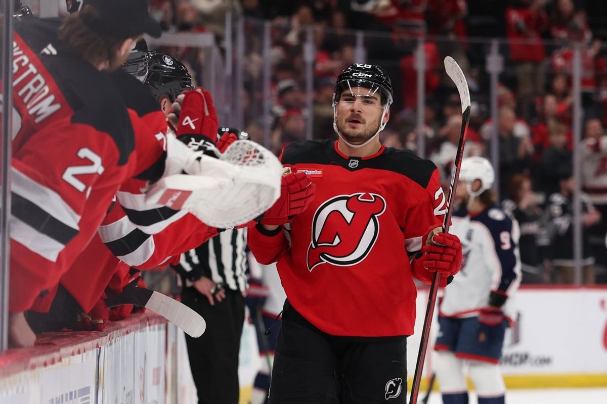 Dec 1, 2025; Newark, New Jersey, USA; New Jersey Devils right wing Timo Meier (28) celebrates his goal against the Columbus Blue Jackets during the third period at Prudential Center. Mandatory Credit: Ed Mulholland-Imagn Images