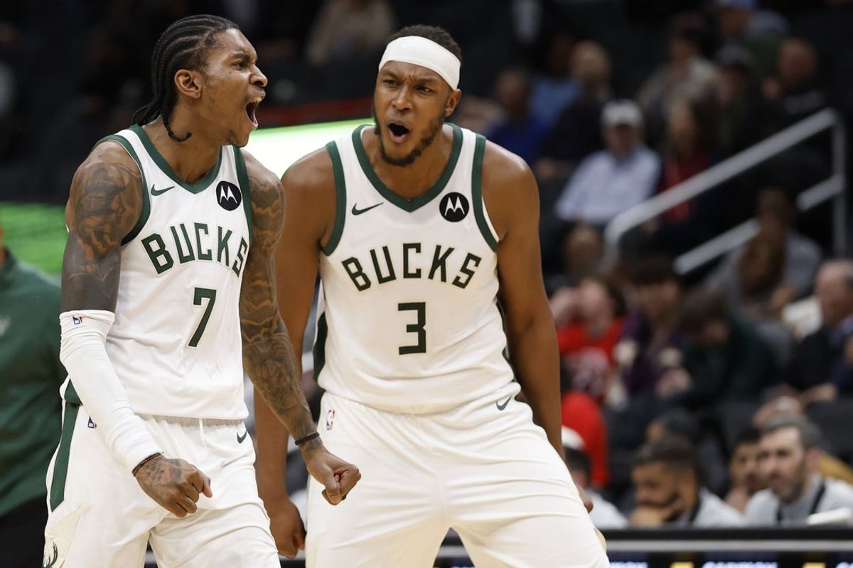 Dec 1, 2025; Washington, District of Columbia, USA; Milwaukee Bucks guard Kevin Porter Jr. (7) celebrates after a three point field goal against the Washington Wizards in the third quarter at Capital One Arena. Mandatory Credit: Geoff Burke-Imagn Images