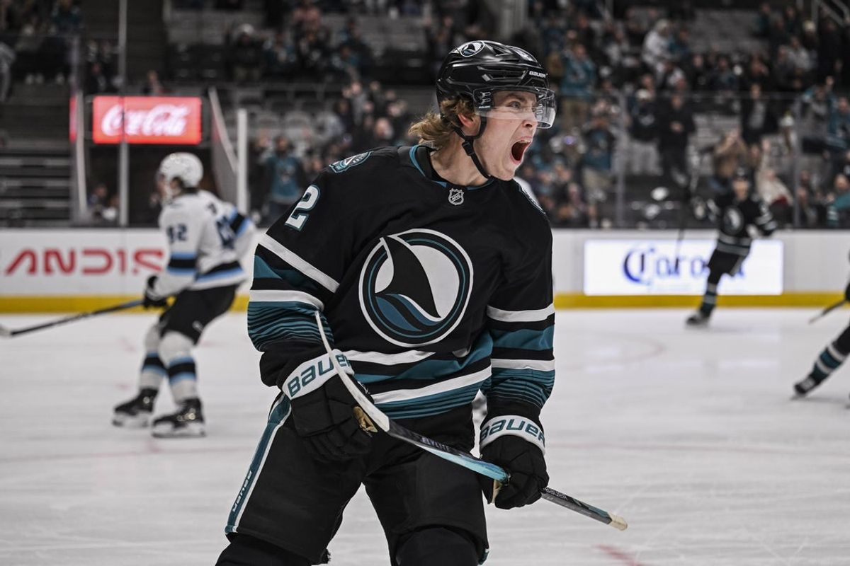 Dec 1, 2025; San Jose, California, USA; San Jose Sharks center Will Smith (2) reacts after scoring his second goal of the game during the second period against the Utah Mammoth at SAP Center at San Jose. Mandatory Credit: Justine Willard-Imagn Images
