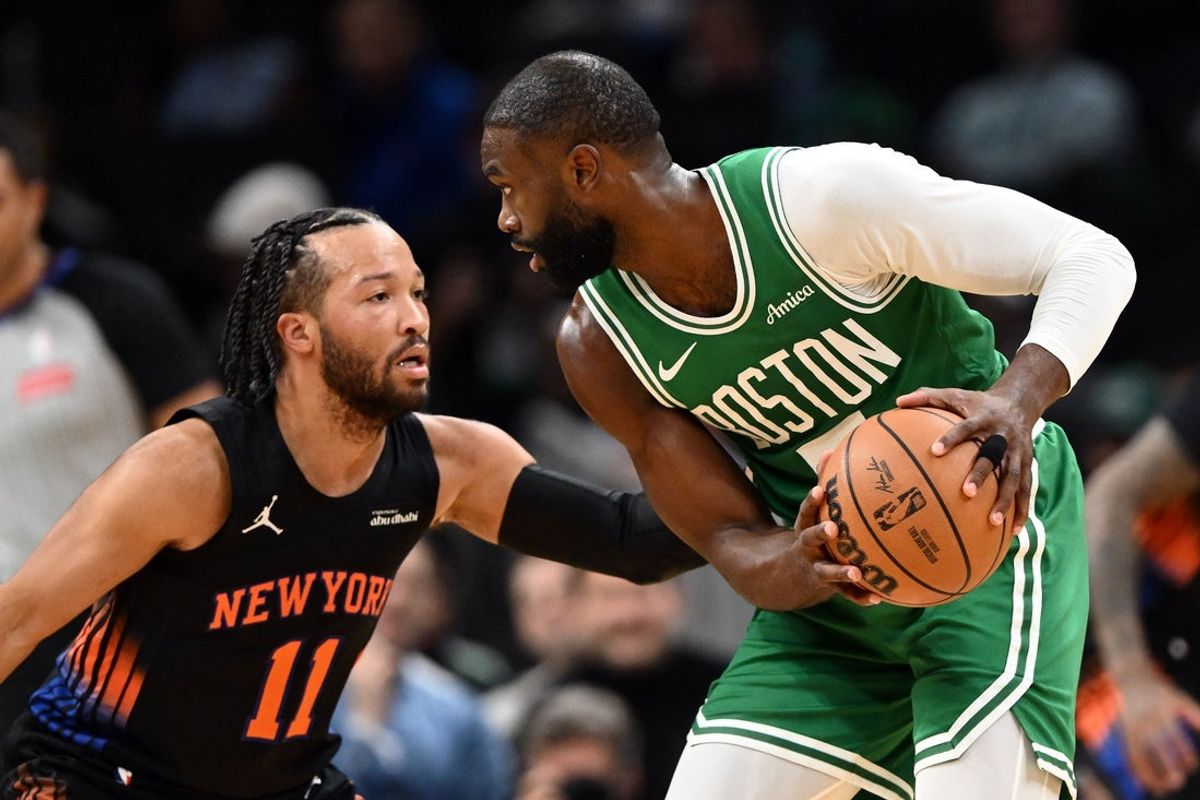 Dec 2, 2025; Boston, Massachusetts, USA; New York Knicks guard Jalen Brunson (11) defends Boston Celtics guard Jaylen Brown (7)  during the first half at the TD Garden. Mandatory Credit: Brian Fluharty-Imagn Images