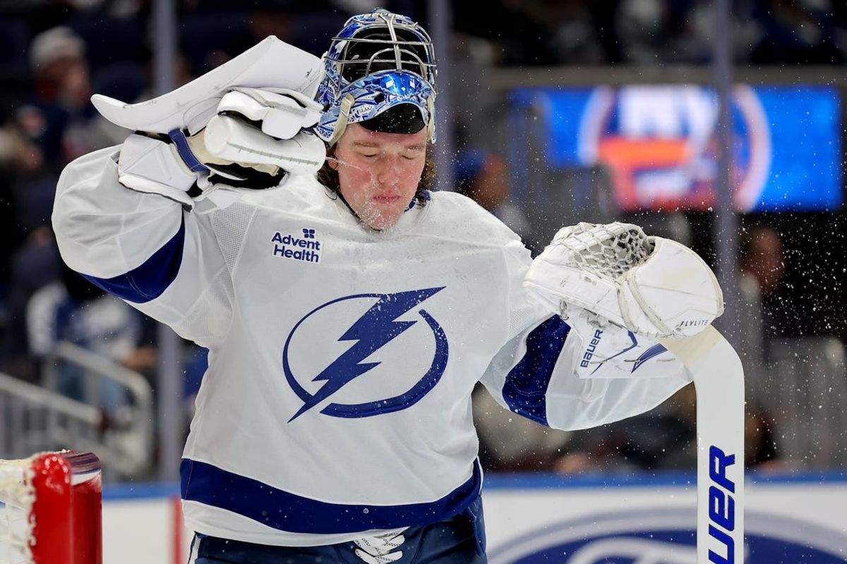Dec 2, 2025; Elmont, New York, USA; Tampa Bay Lightning goaltender Andrei Vasilevskiy (88) sprays water on his face during the second period against the New York Islanders at UBS Arena. Mandatory Credit: Brad Penner-Imagn Images
