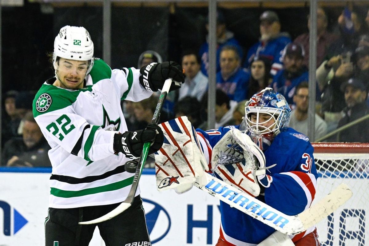 Dec 2, 2025; New York, New York, USA;  Dallas Stars center Mavrik Bourque (22) deflects the puck in front go New York Rangers goaltender Igor Shesterkin (31) during the second period at Madison Square Garden. Mandatory Credit: Dennis Schneidler-Imagn Images