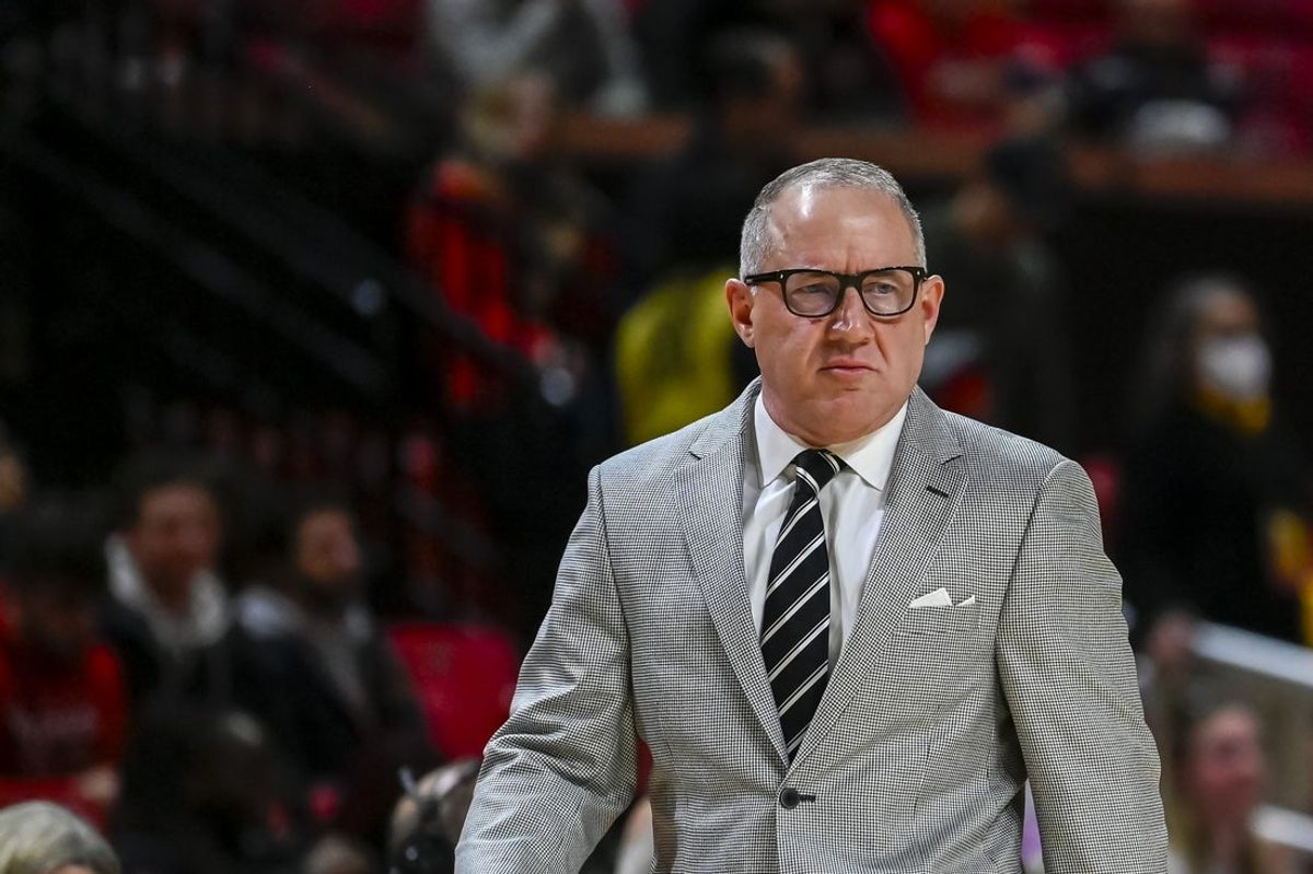 Dec 2, 2025; College Park, Maryland, USA;  Maryland Terrapins head coach Buzz Williams walks down the sidelines during the first half against the Wagner Seahawks at Xfinity Center. Mandatory Credit: Tommy Gilligan-Imagn Images